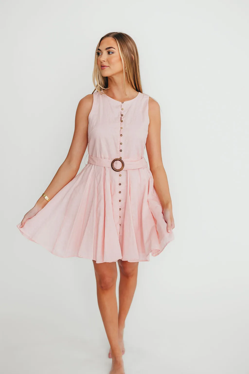 Cadence Belted Button Down Mini Dress in Pastel Pink