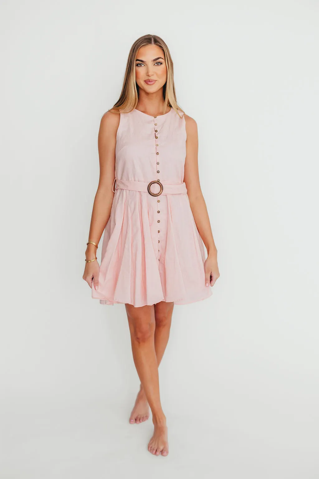 Cadence Belted Button Down Mini Dress in Pastel Pink
