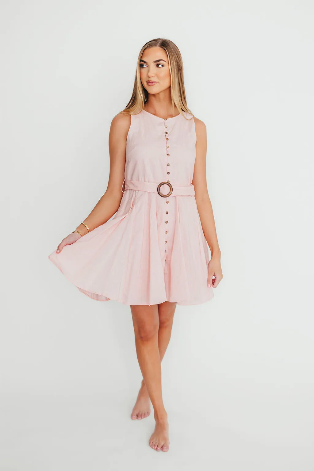Cadence Belted Button Down Mini Dress in Pastel Pink