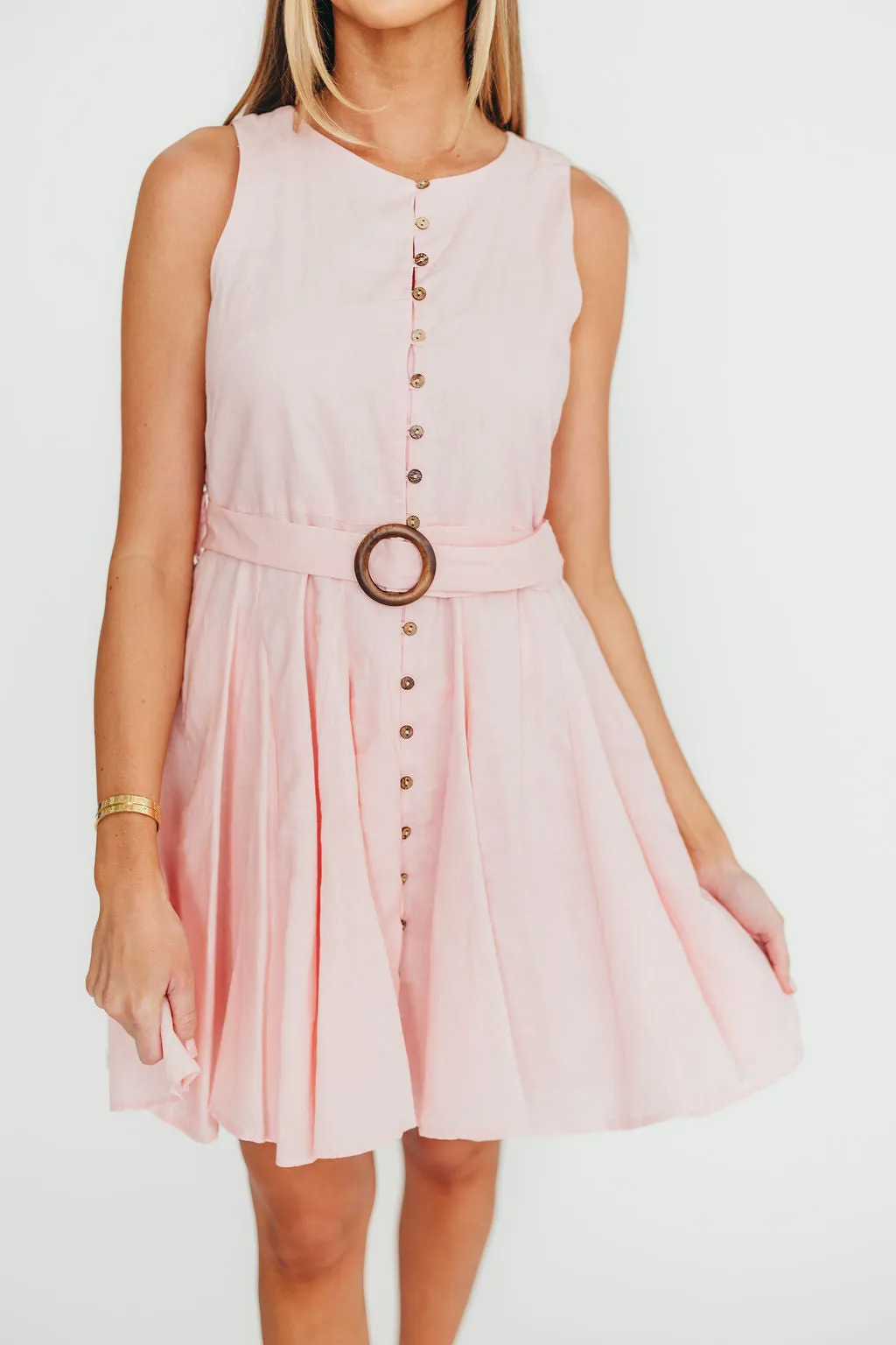 Cadence Belted Button Down Mini Dress in Pastel Pink