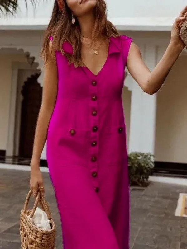 Cotton V-neck Buttons Down Bandage Solid Shirt Women Maxi Dress