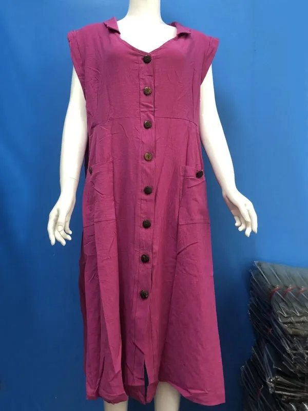 Cotton V-neck Buttons Down Bandage Solid Shirt Women Maxi Dress