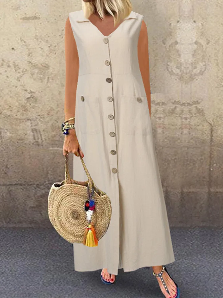 Cotton V-neck Buttons Down Bandage Solid Shirt Women Maxi Dress