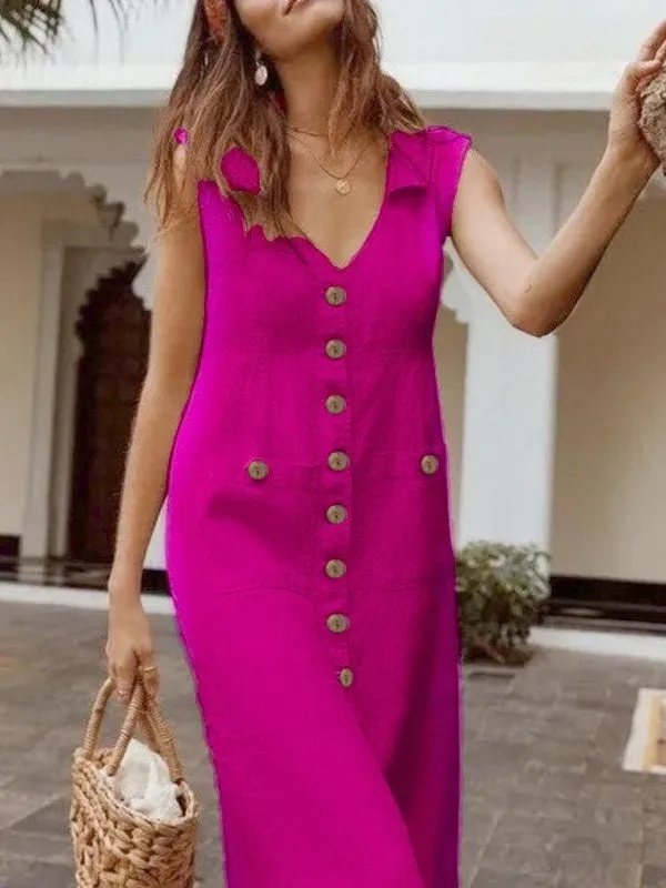 Cotton V-neck Buttons Down Bandage Solid Shirt Women Maxi Dress