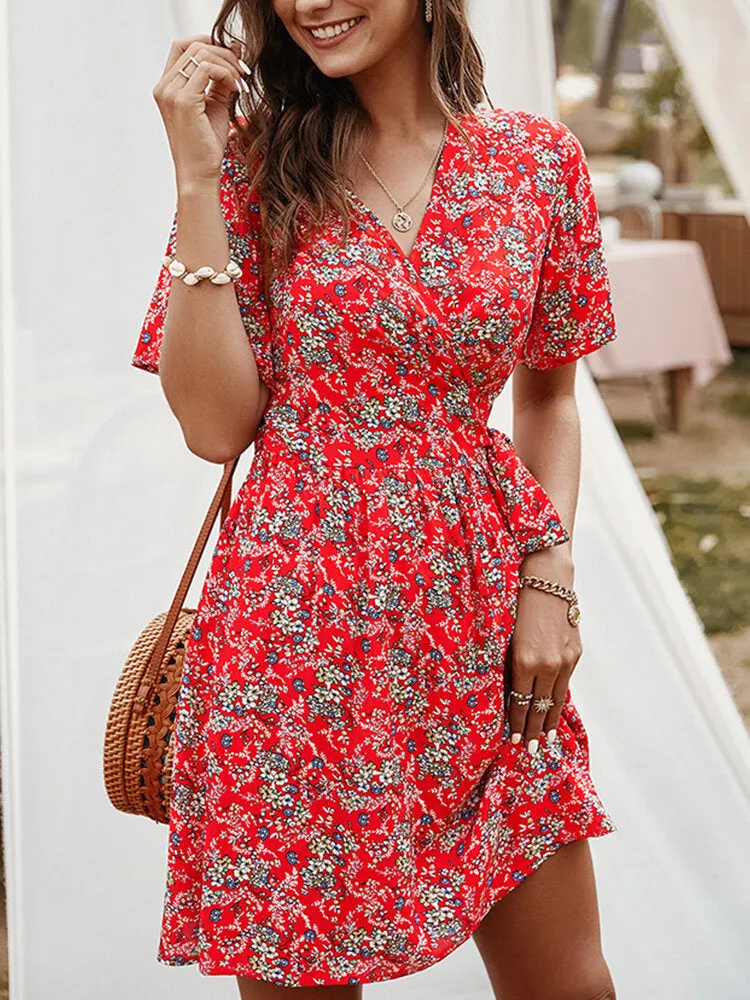 Cross Wrap Floral Print Bandage Short Sleeve Women Mini Dress