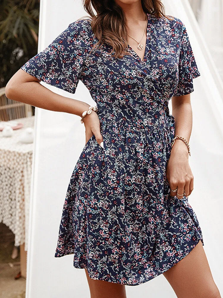 Cross Wrap Floral Print Bandage Short Sleeve Women Mini Dress