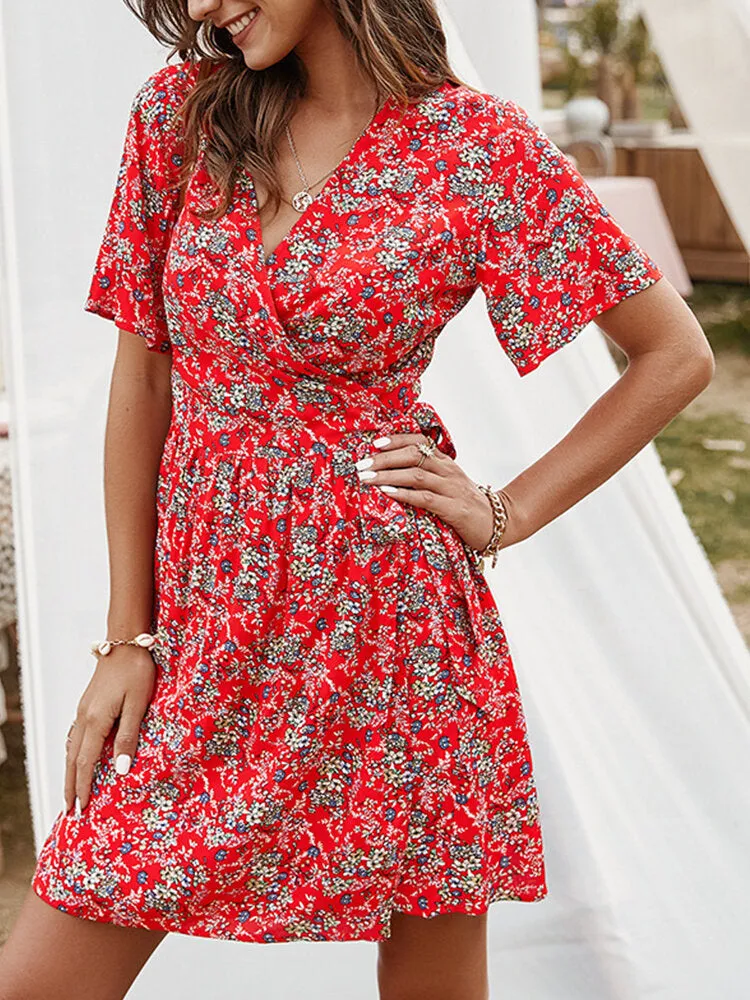 Cross Wrap Floral Print Bandage Short Sleeve Women Mini Dress