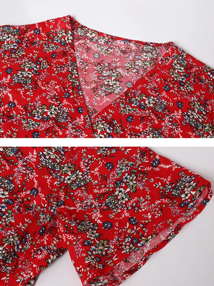Cross Wrap Floral Print Bandage Short Sleeve Women Mini Dress