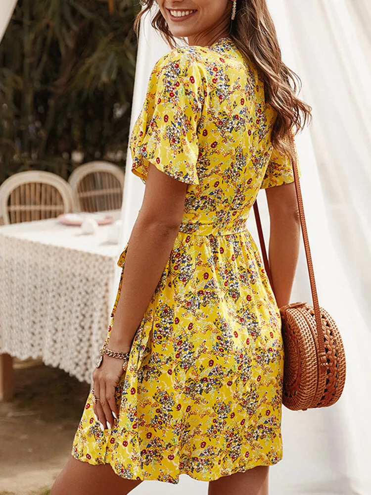 Cross Wrap Floral Print Bandage Short Sleeve Women Mini Dress