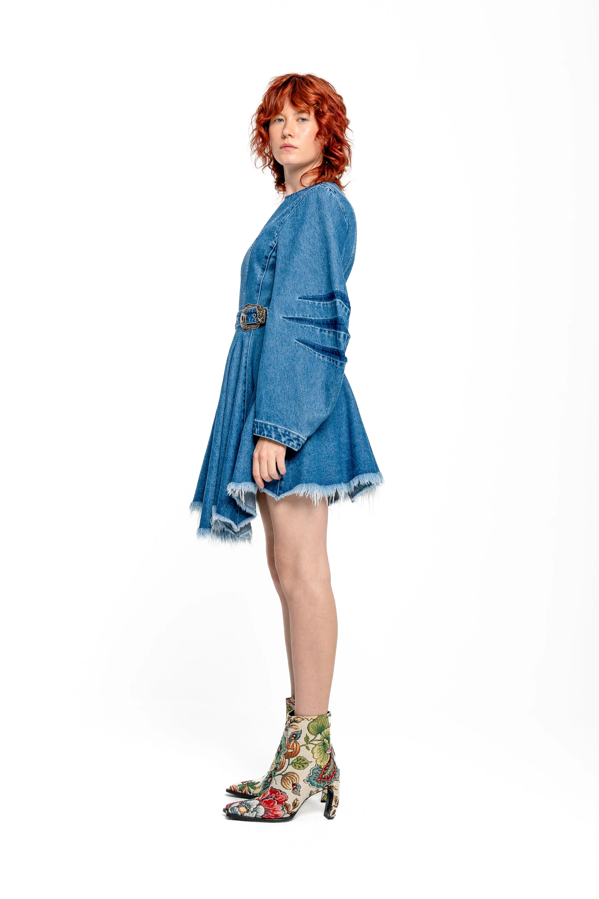 DENIM SHORT DRESS WITH ROUND SLEEVES
