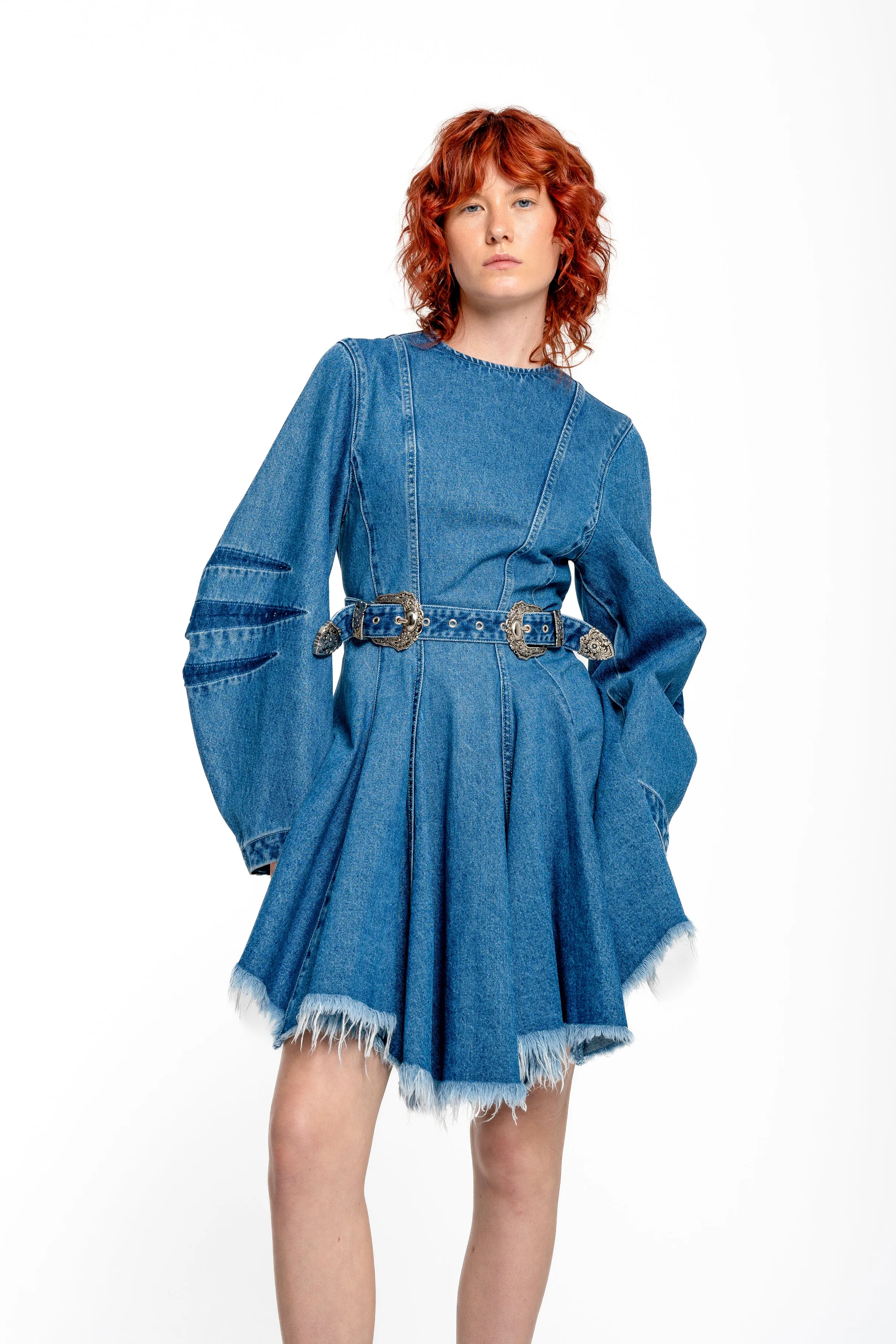DENIM SHORT DRESS WITH ROUND SLEEVES