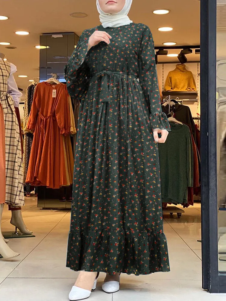 Ditsy Floral Print Ruffle Hem Swing Kaftan Belt Women Maxi Dress
