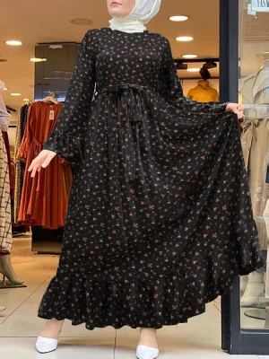 Ditsy Floral Print Ruffle Hem Swing Kaftan Belt Women Maxi Dress