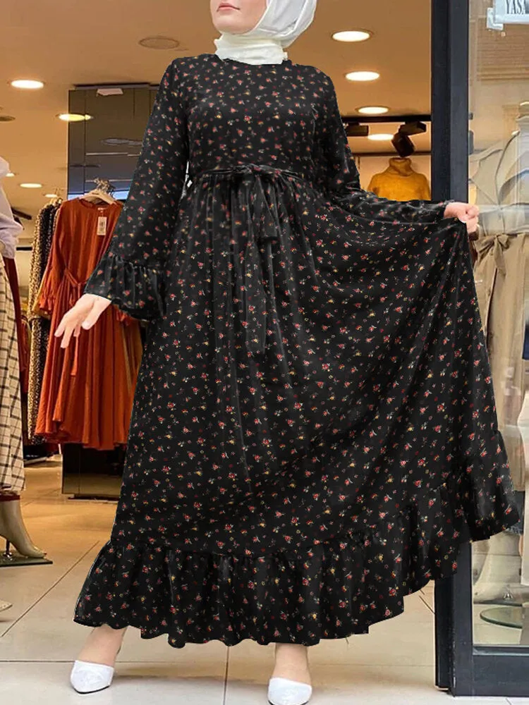 Ditsy Floral Print Ruffle Hem Swing Kaftan Belt Women Maxi Dress