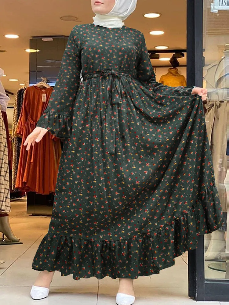 Ditsy Floral Print Ruffle Hem Swing Kaftan Belt Women Maxi Dress