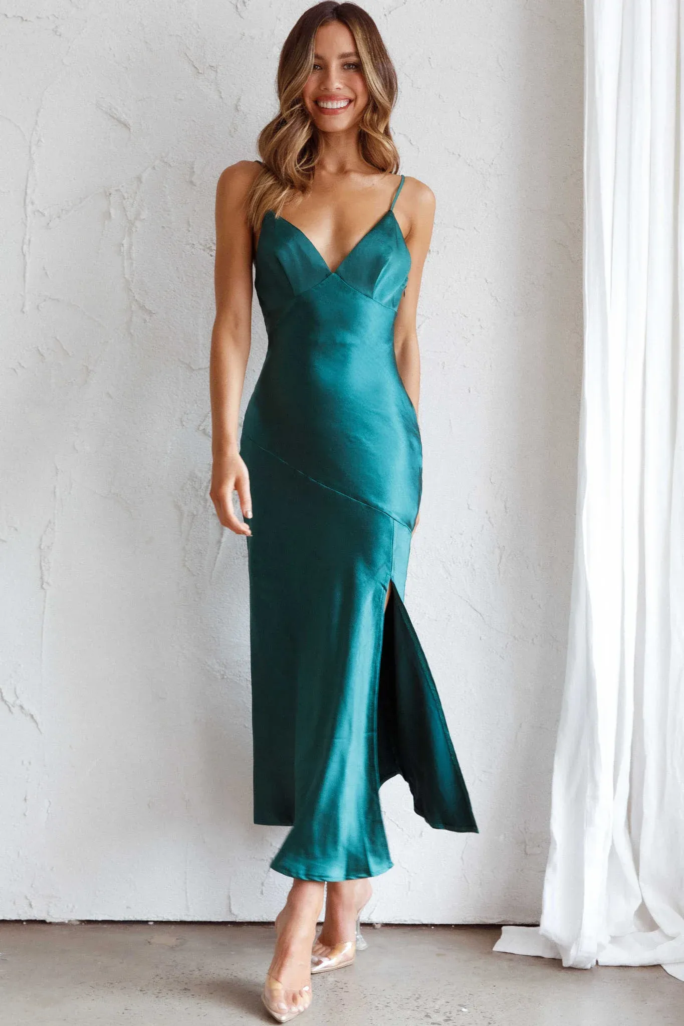 Downtown Cami Strap Front Split Midi Dress Forest Green