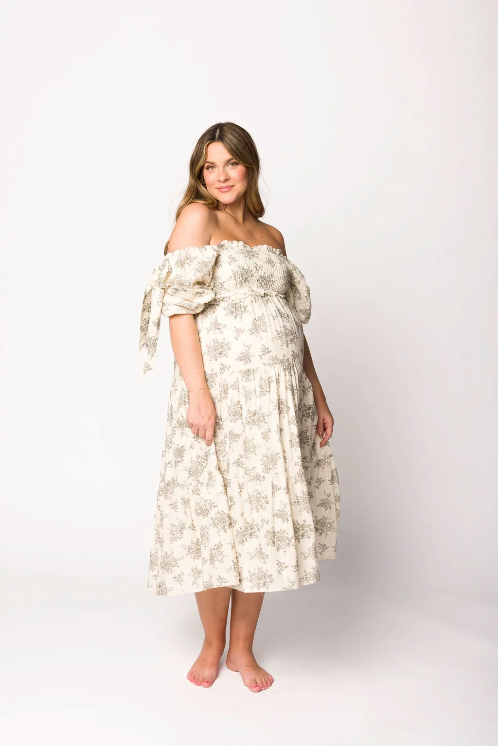 Elena Toile Print Smocked Midi Dress in Ivory - Bump Friendly