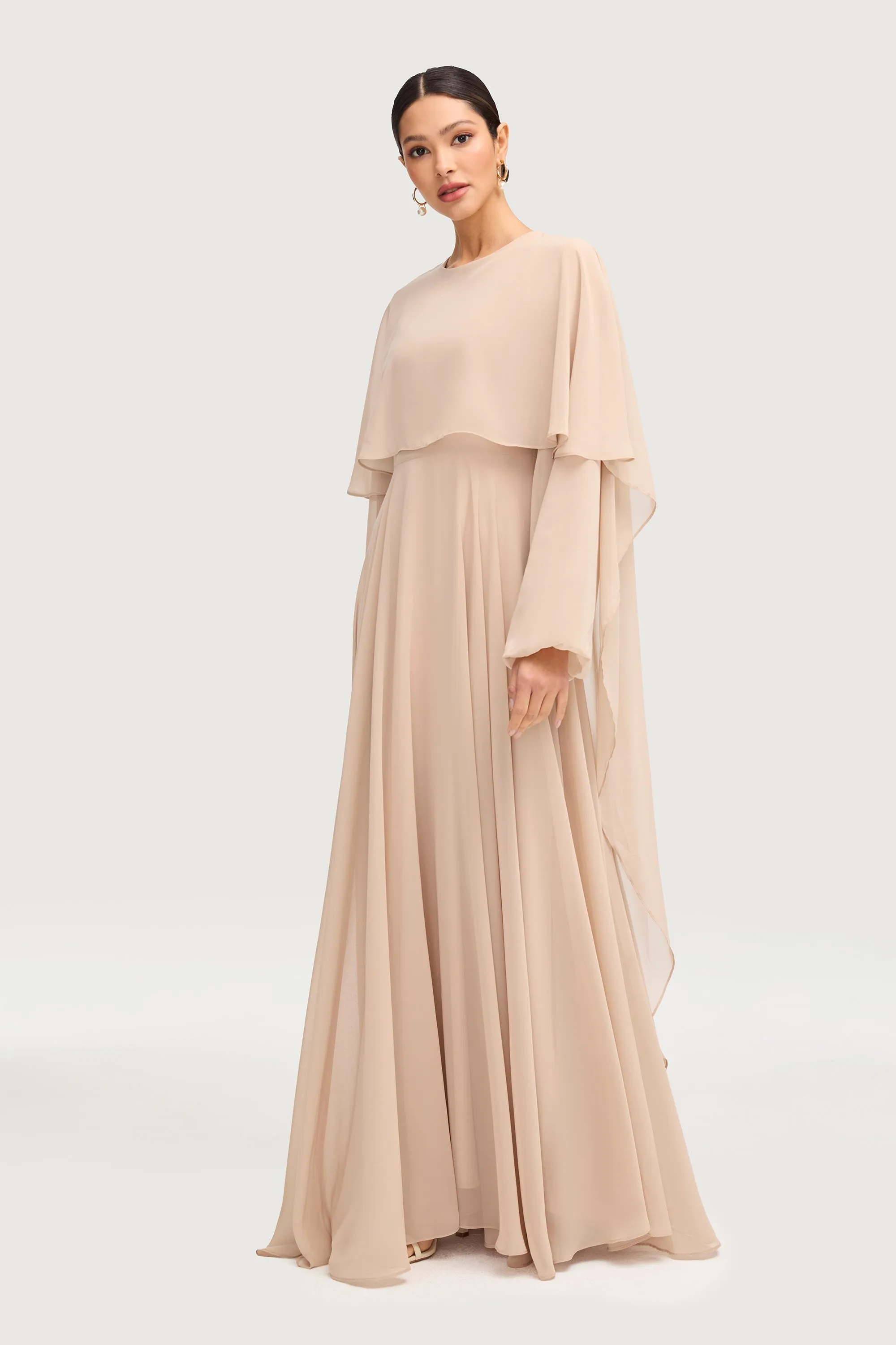 Farah Chiffon Cape Overlay Maxi Dress - Stone