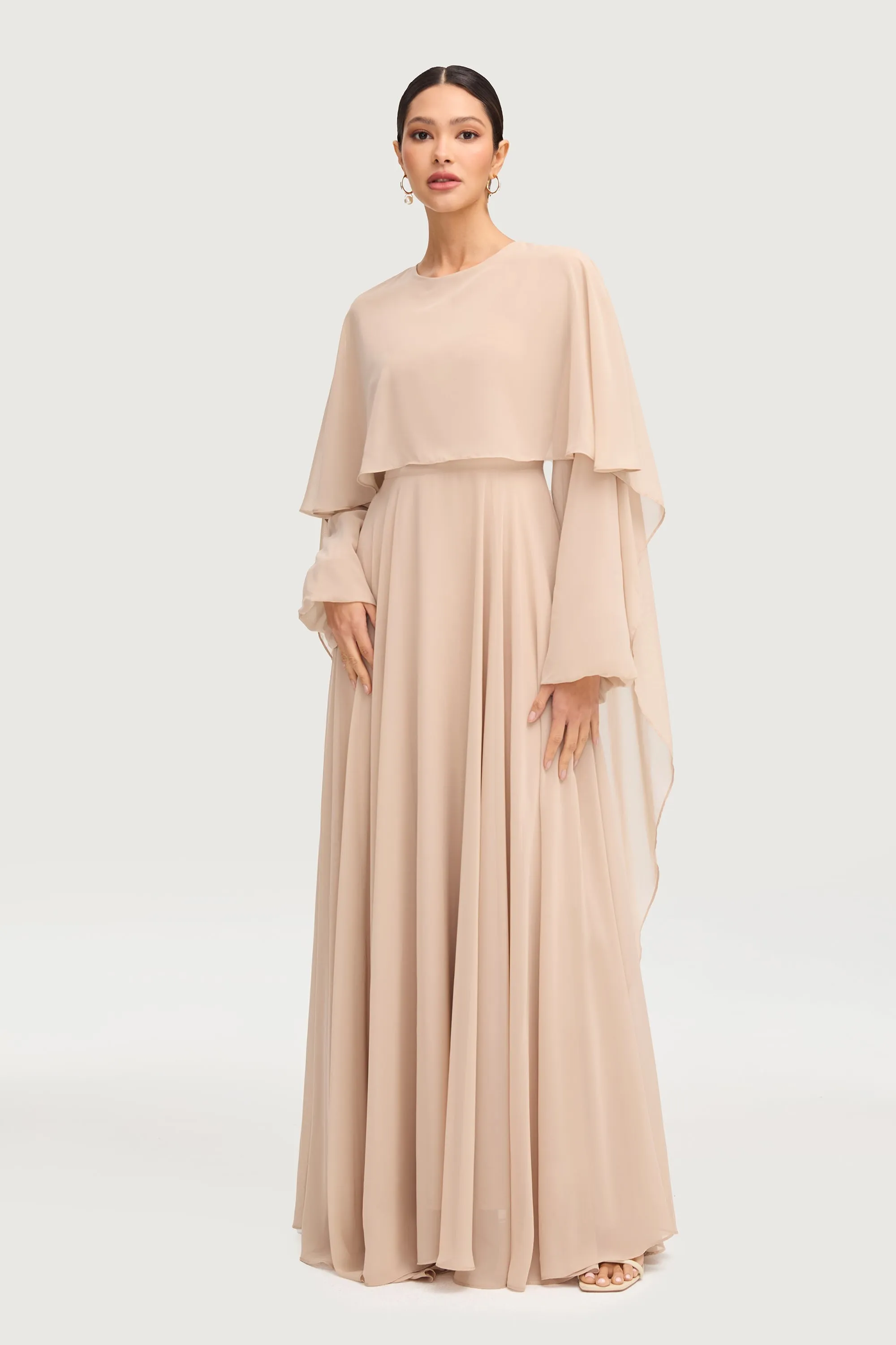 Farah Chiffon Cape Overlay Maxi Dress - Stone