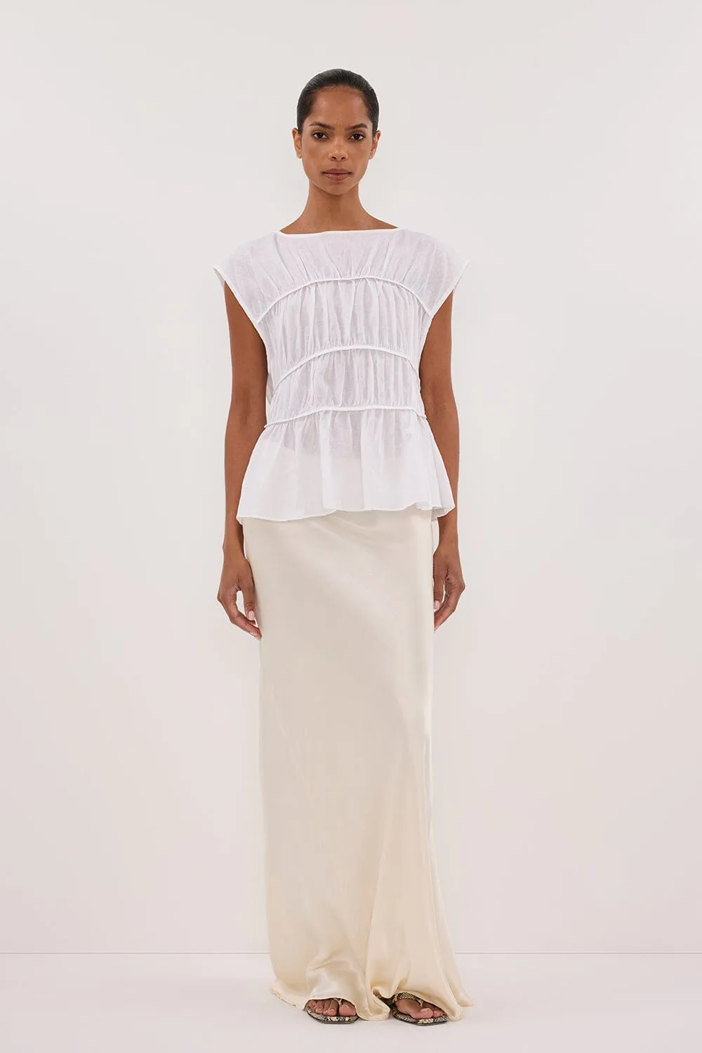 FLYNN WHITE LINEN BLEND TIERED TOP