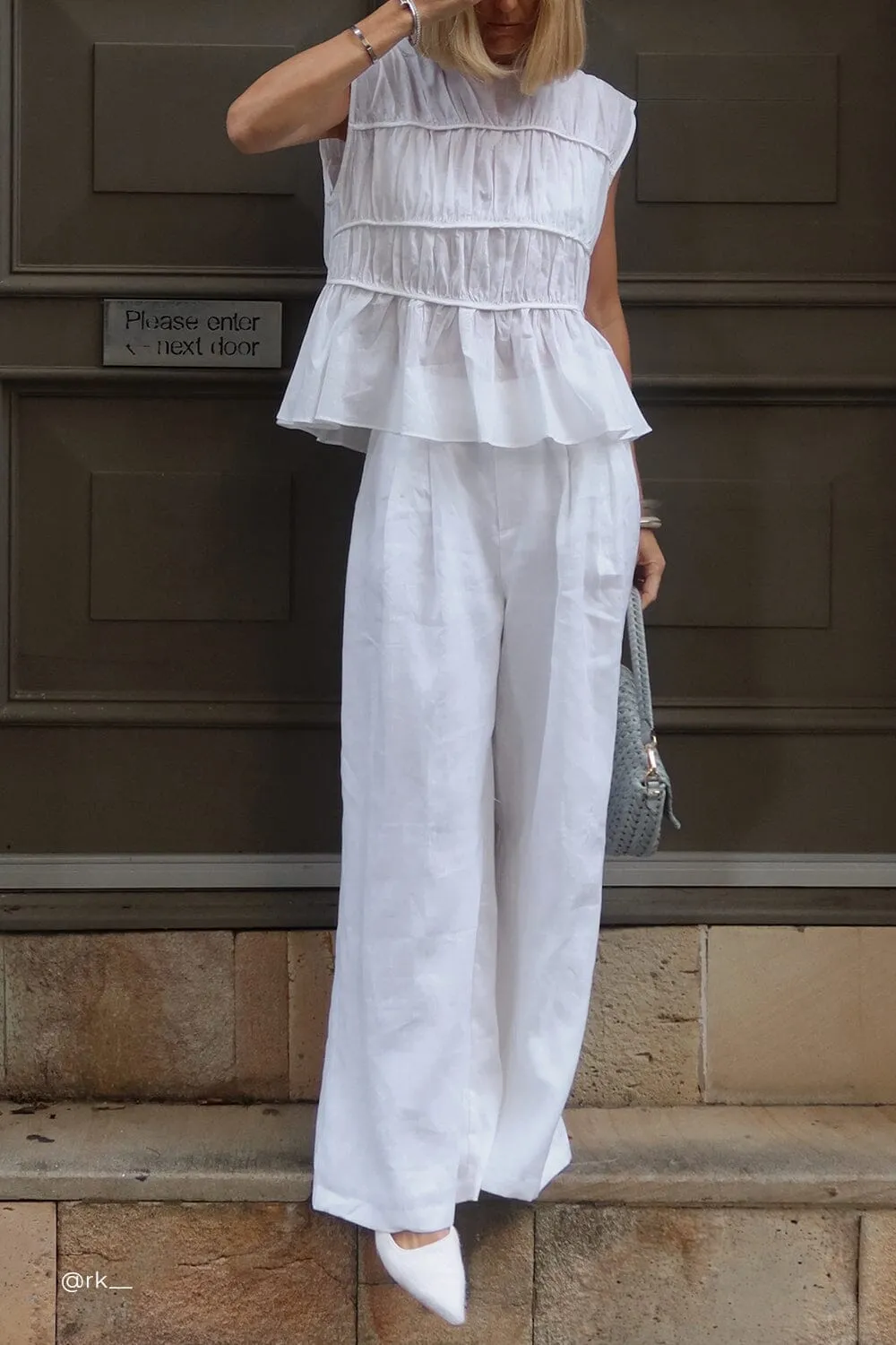 FLYNN WHITE LINEN BLEND TIERED TOP