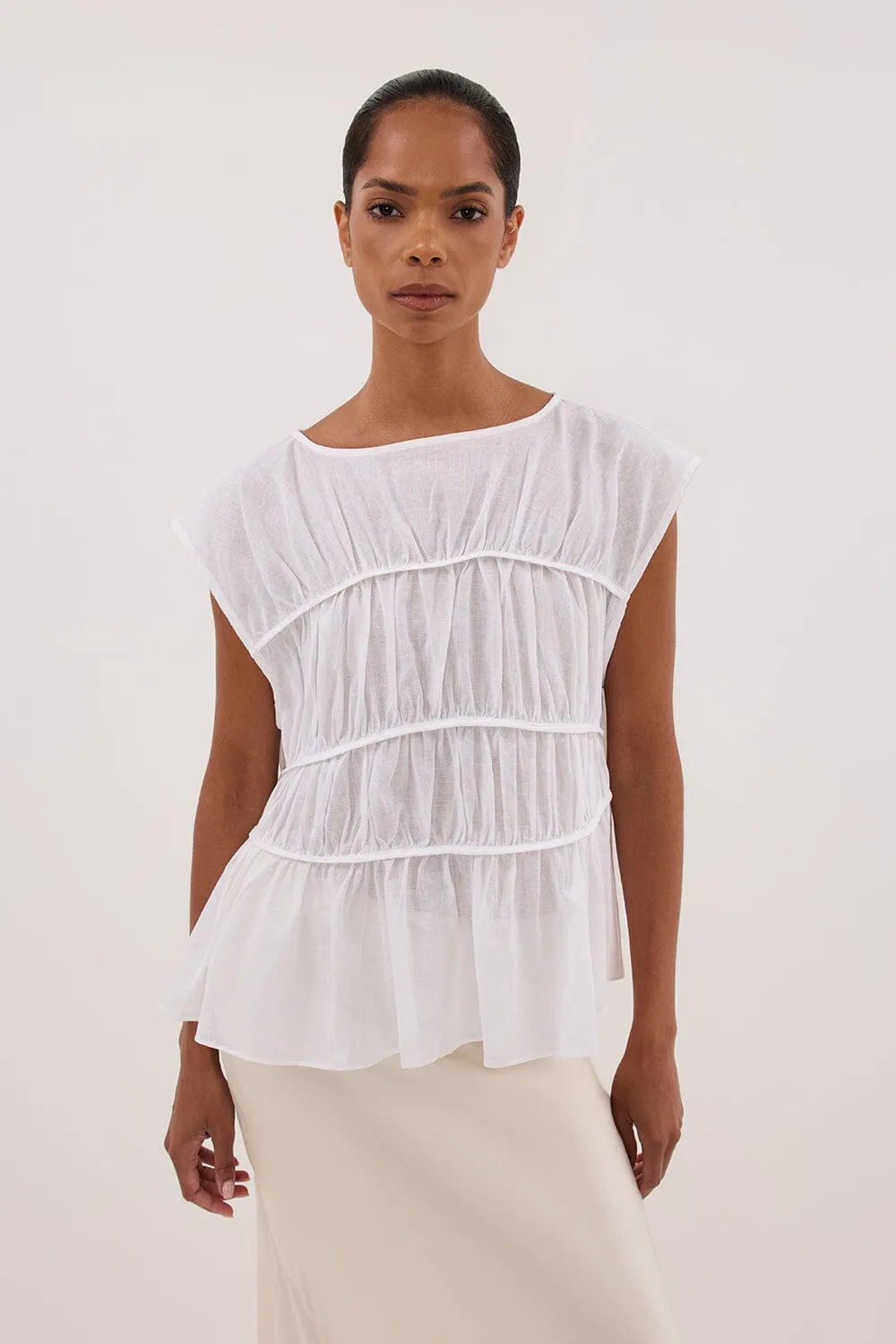 FLYNN WHITE LINEN BLEND TIERED TOP