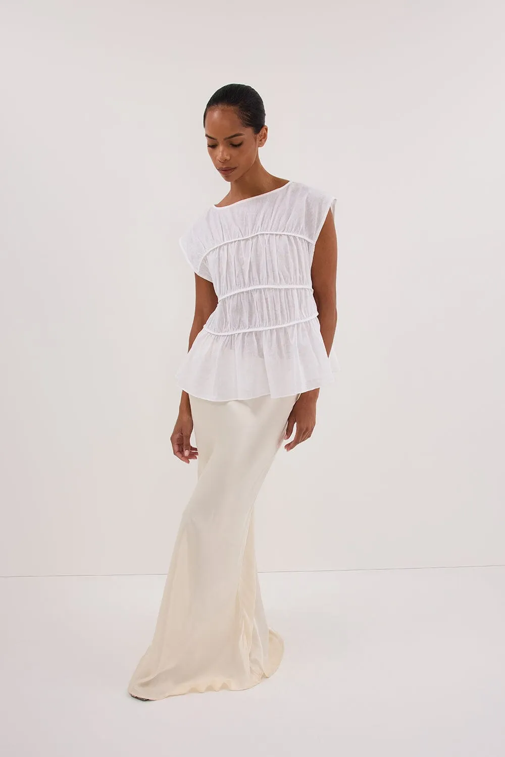 FLYNN WHITE LINEN BLEND TIERED TOP