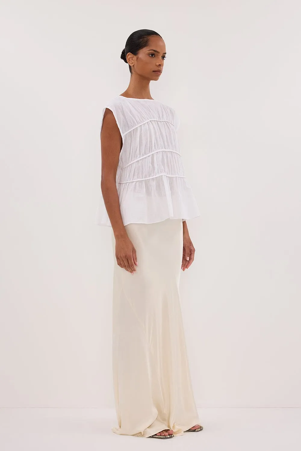 FLYNN WHITE LINEN BLEND TIERED TOP