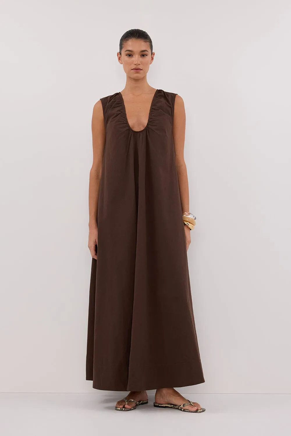 GABBY BITTER CHOC COTTON MIDI DRESS