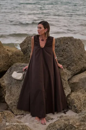 GABBY BITTER CHOC COTTON MIDI DRESS