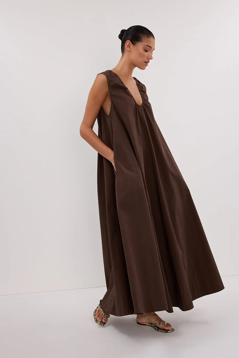 GABBY BITTER CHOC COTTON MIDI DRESS