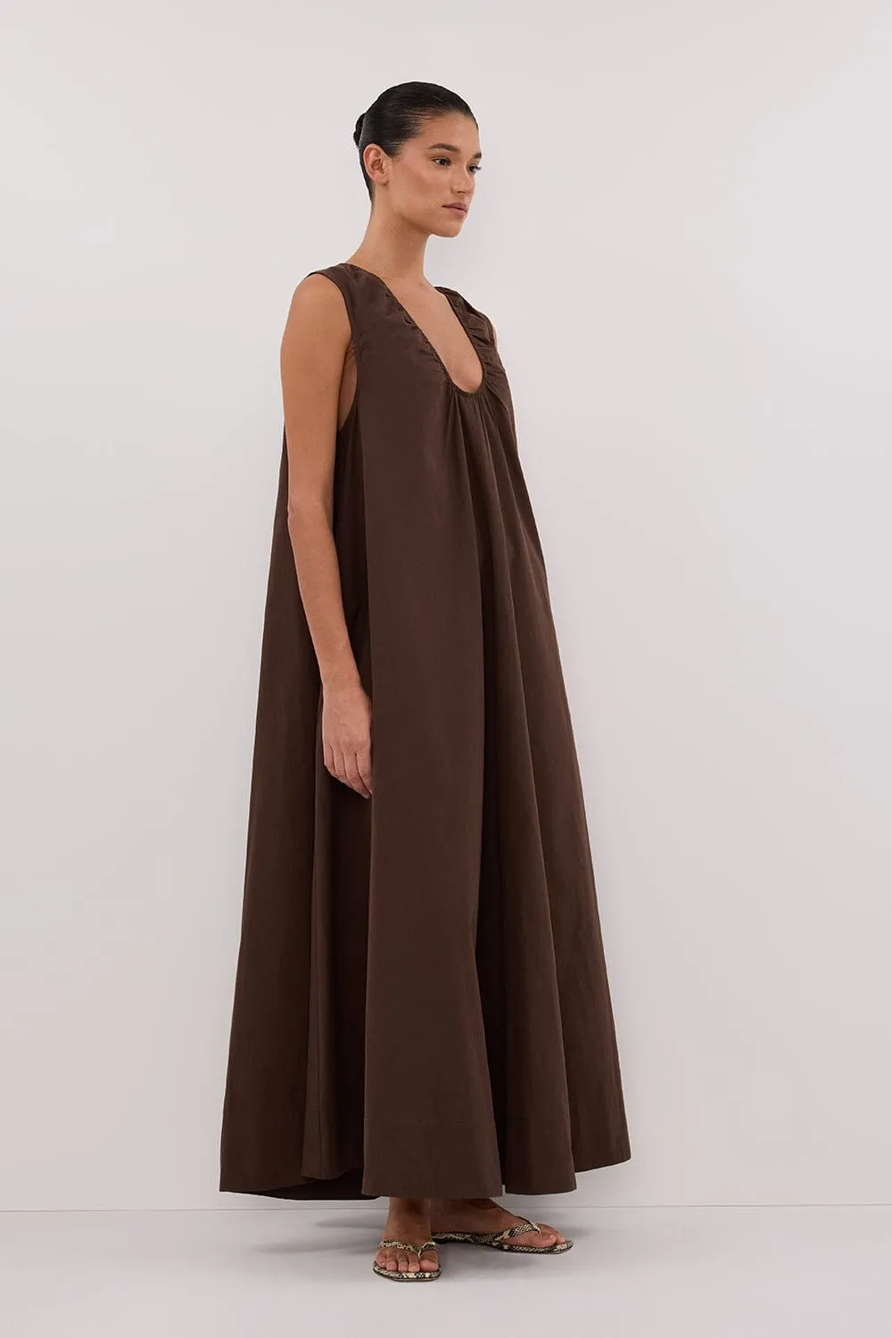GABBY BITTER CHOC COTTON MIDI DRESS