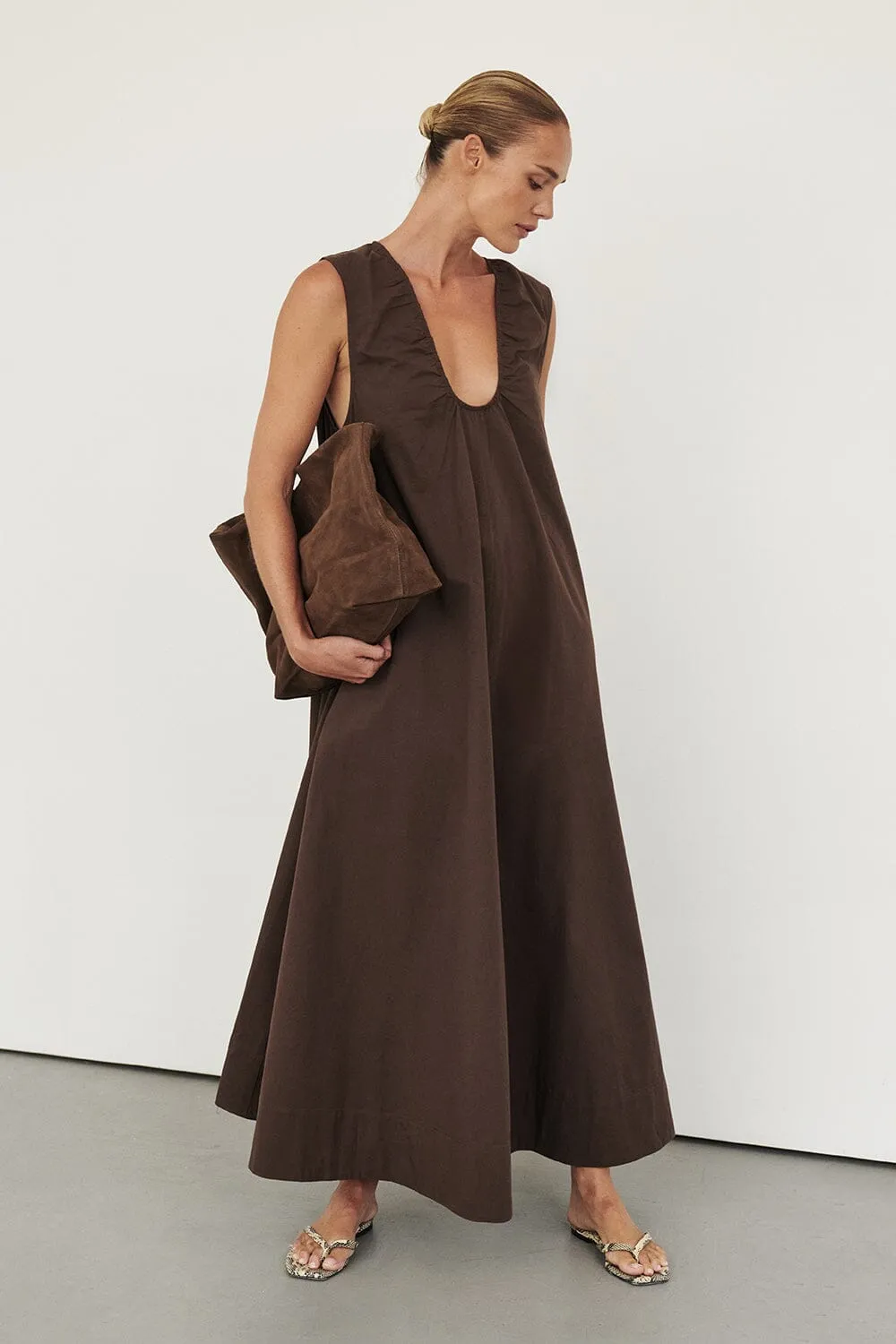 GABBY BITTER CHOC COTTON MIDI DRESS