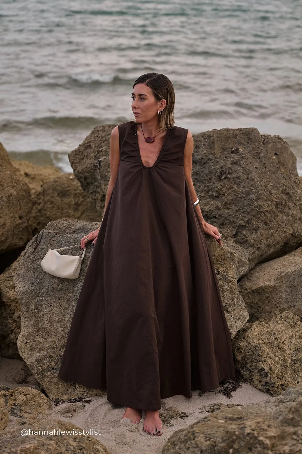 GABBY BITTER CHOC COTTON MIDI DRESS
