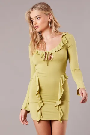 Green Ruffle Mini Dress Bell Cuff Bodycon Dress