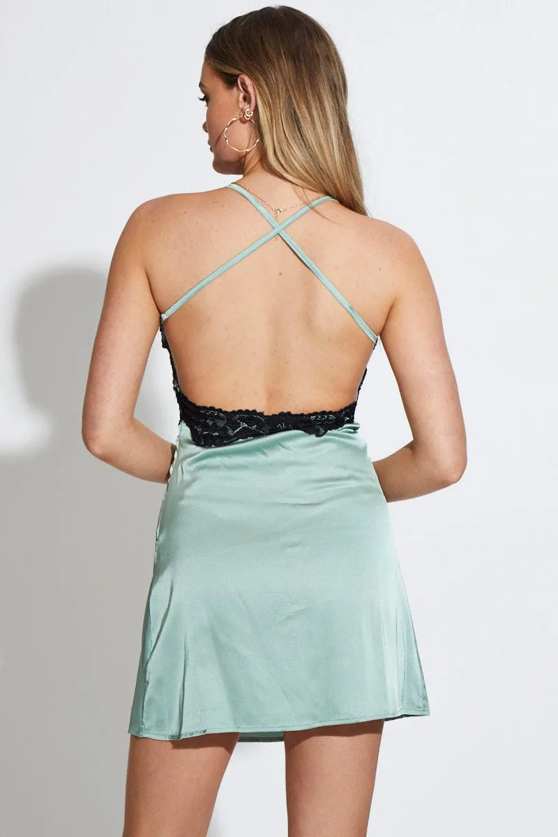 Green Slip Dress Mini Satin
