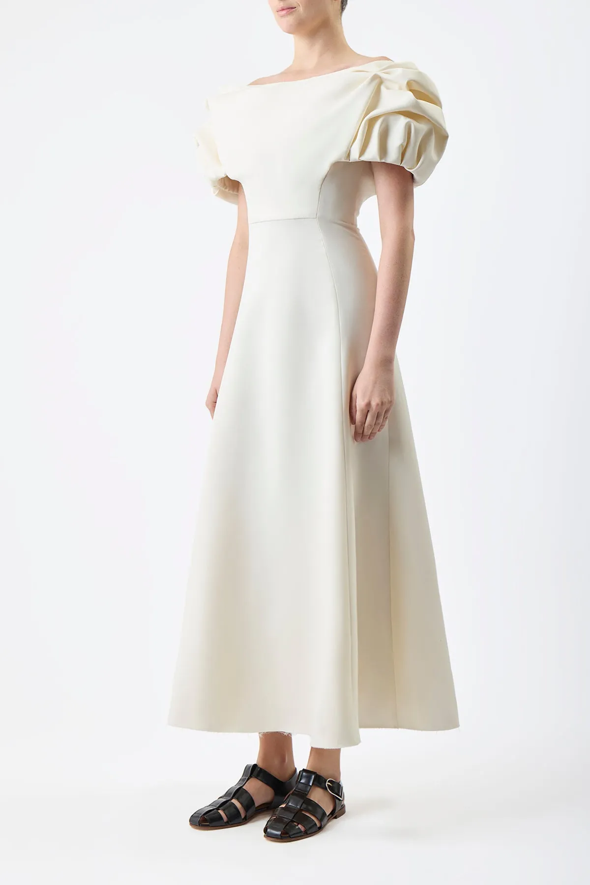 Gwyneth Dress in Ivory Silk Wool Cady