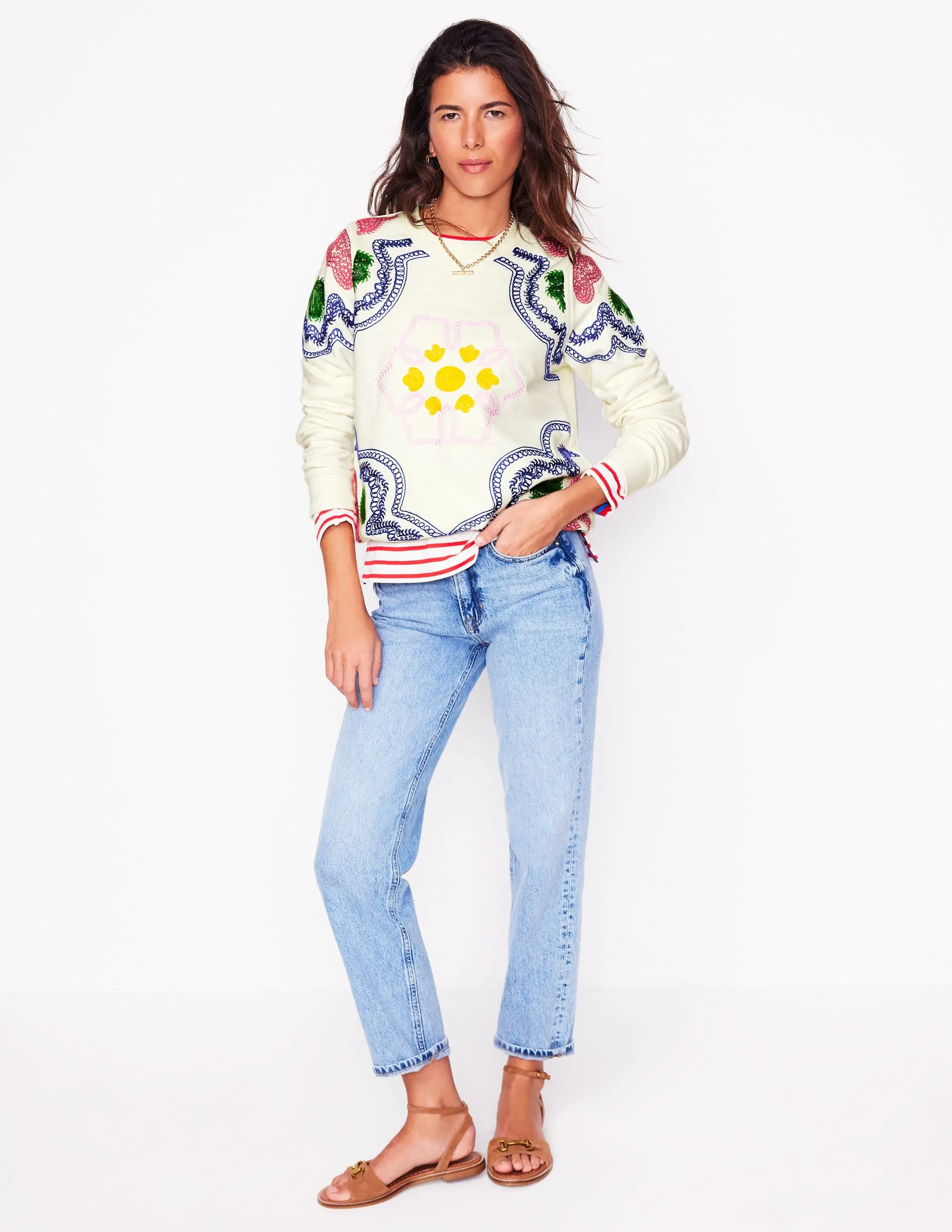 Hannah Embroidered Sweatshirt-Ivory. Geo Stitch