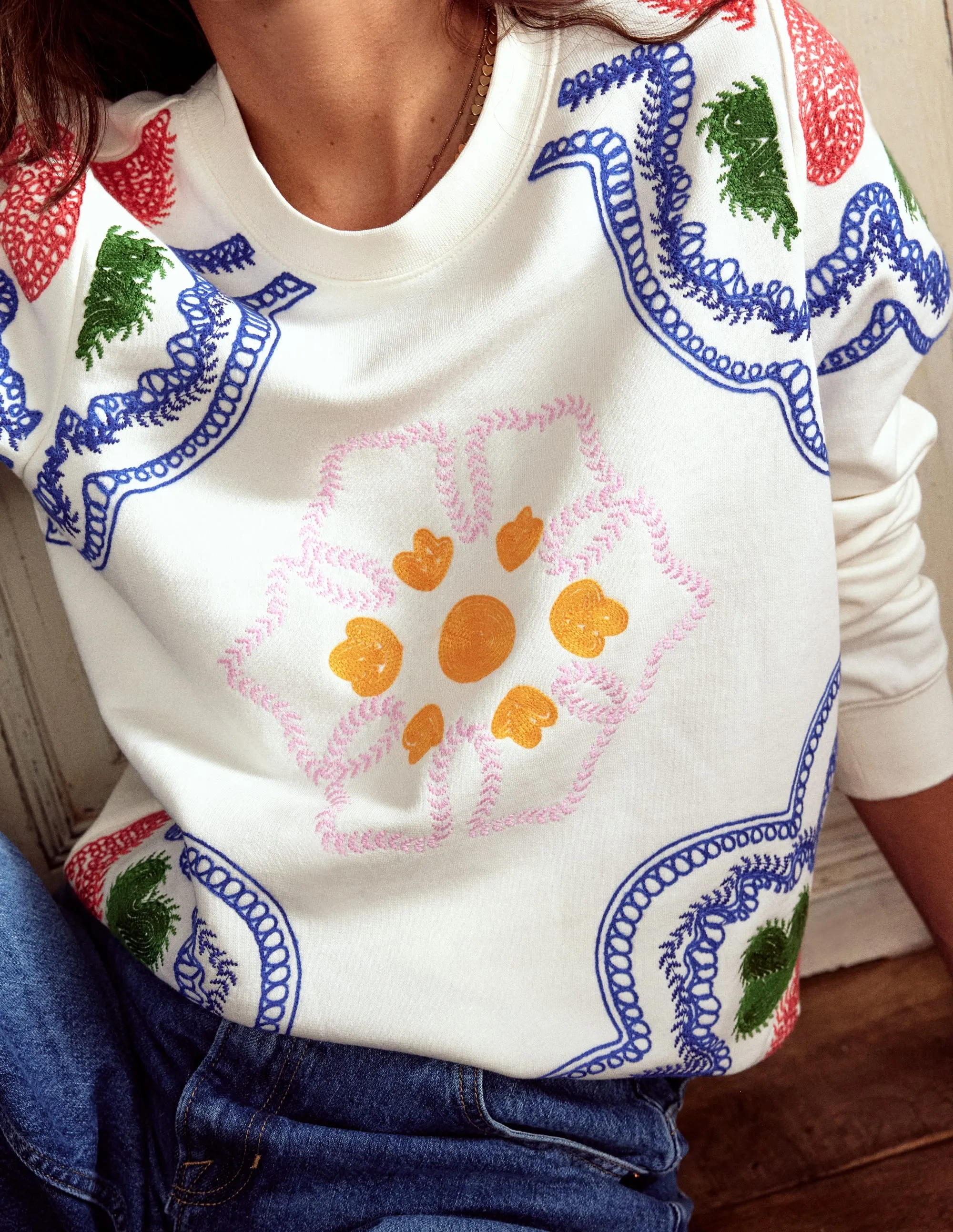 Hannah Embroidered Sweatshirt-Ivory. Geo Stitch