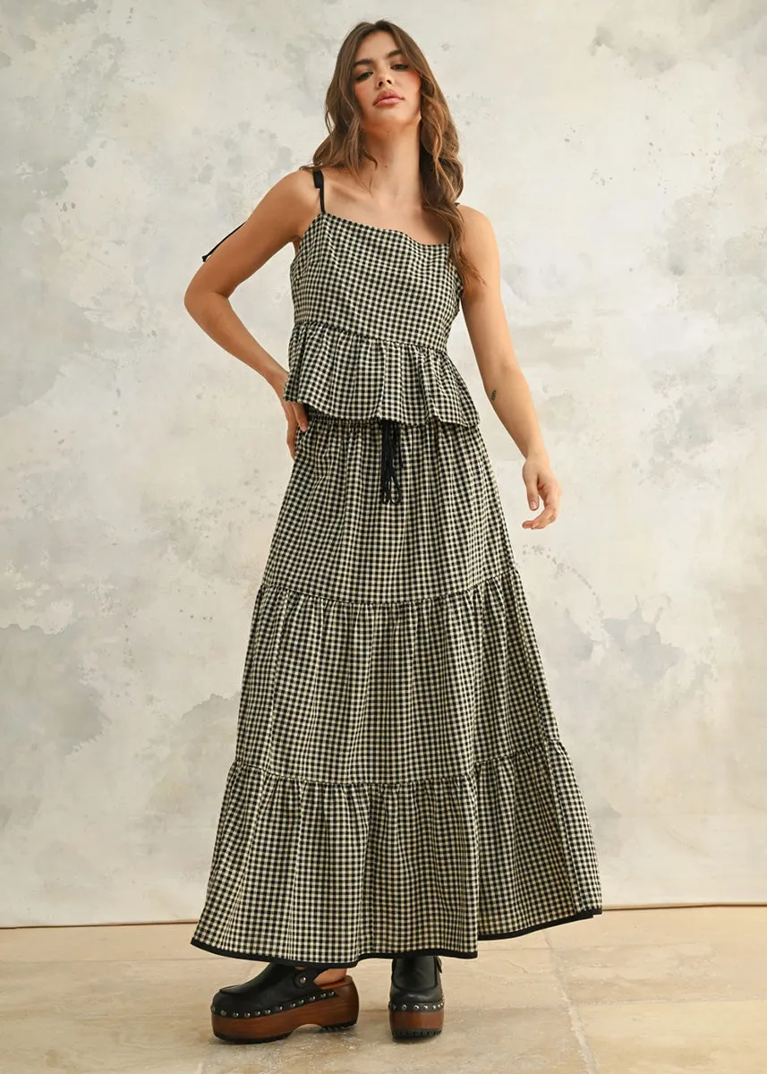 Helen Gingham Tiered Skirt - Black
