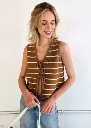 Ivy Striped Knit Tie-Front Vest - Mocha & White