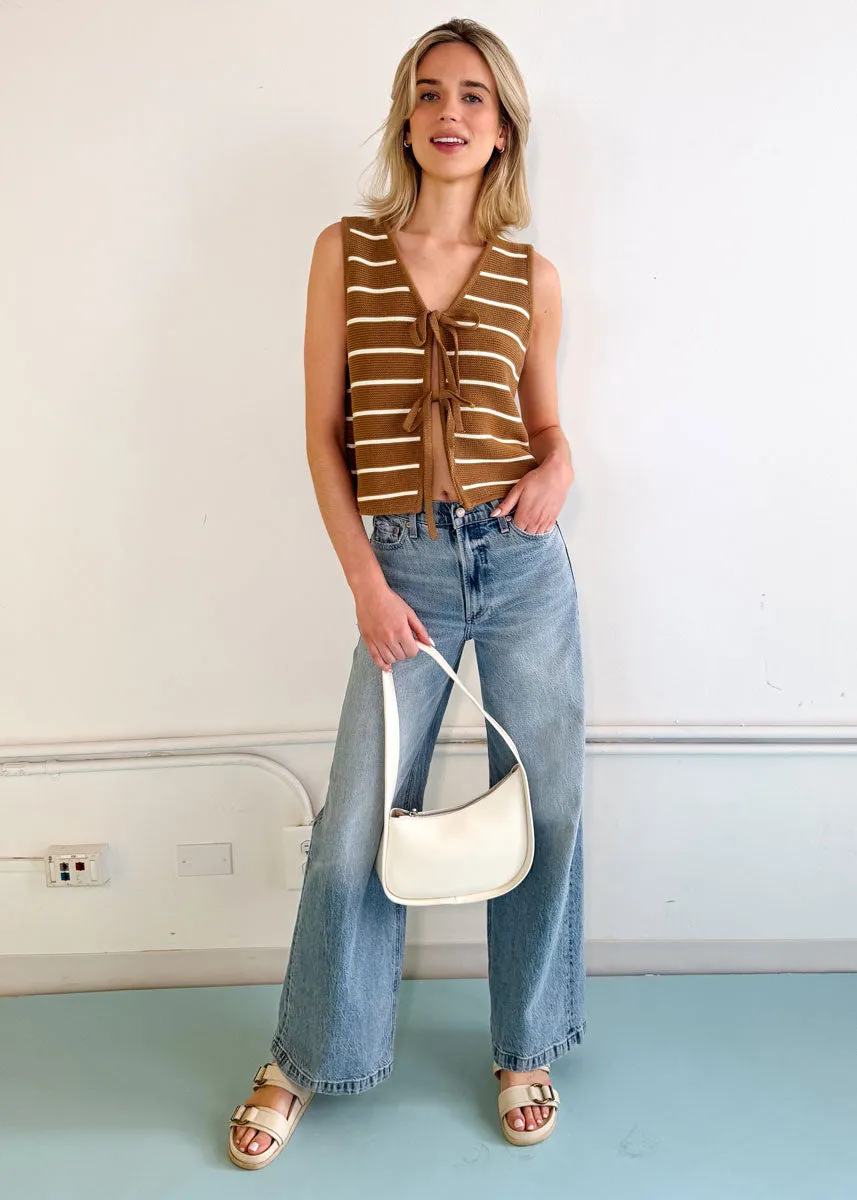 Ivy Striped Knit Tie-Front Vest - Mocha & White