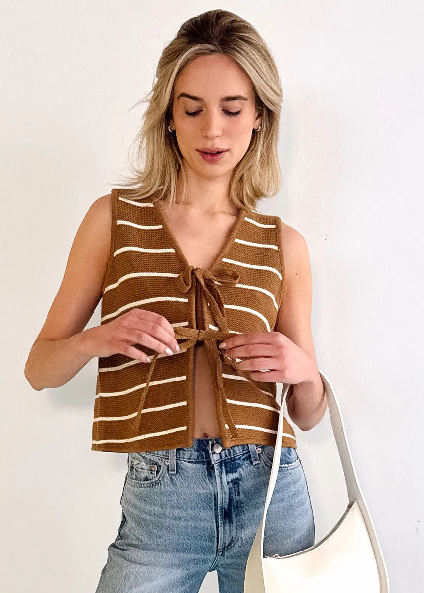 Ivy Striped Knit Tie-Front Vest - Mocha & White