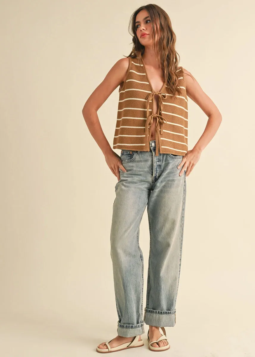 Ivy Striped Knit Tie-Front Vest - Mocha & White