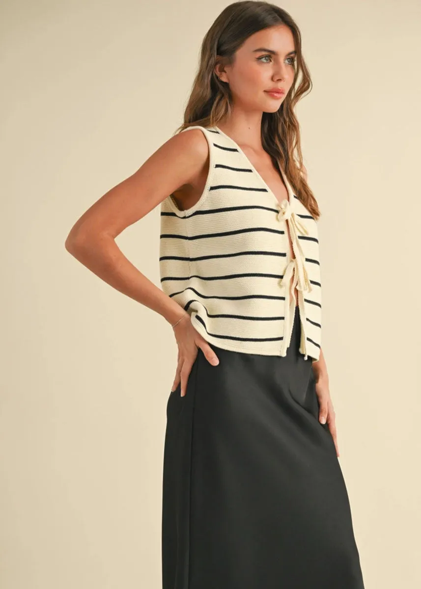 Ivy Striped Knit Tie-Front Vest - White & Black