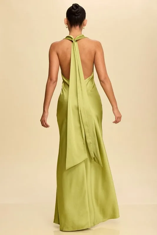 LIME COWL NECK SATIN DRESS