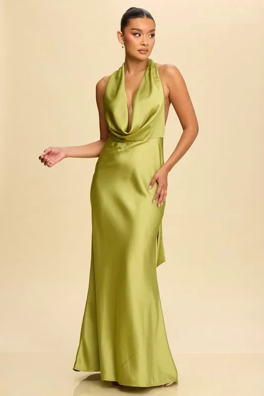 LIME COWL NECK SATIN DRESS