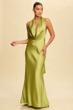 LIME COWL NECK SATIN DRESS