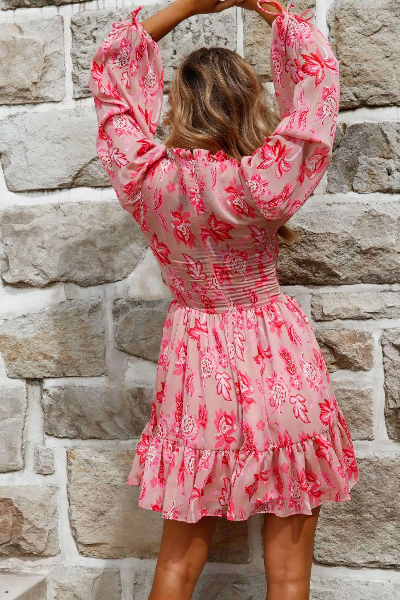 Marja Long Balloon Sleeve Shirred Dress Floral Print Pink