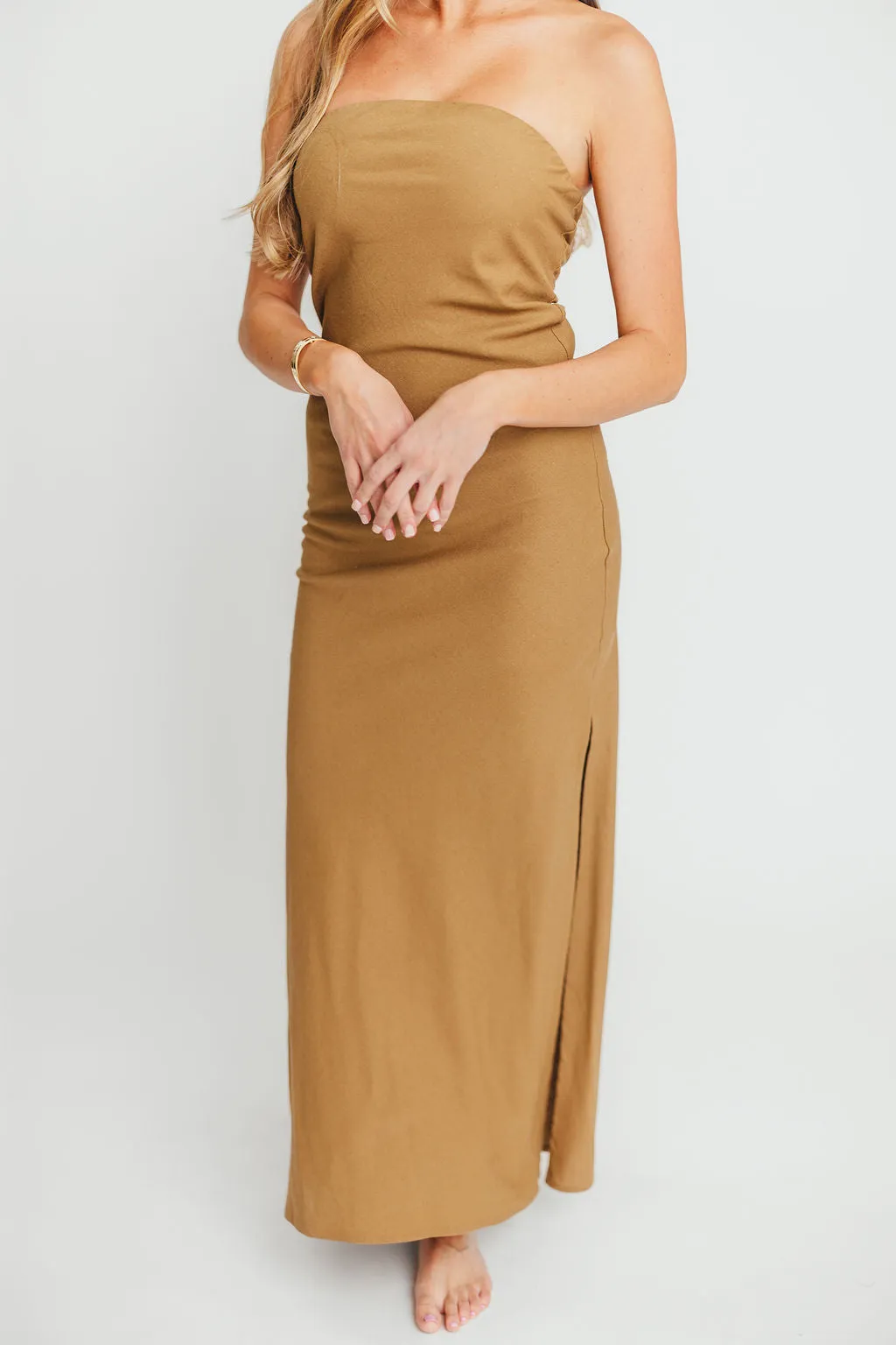 Naidelyn Strapless Maxi Dress in Golden Palm